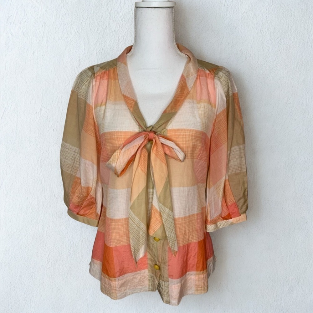Maeve Anthropologie Plaid Tie Blouse Top Boho Women Size 4 Silk Blend Peach